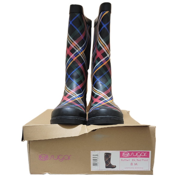 Sugar Women Raffle 4 Tall Rain Boots Size US 8M Black / Red Plaid Rubber - Picture 4 of 4